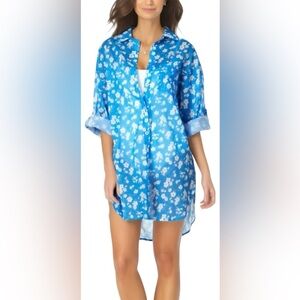 ANNE COLE Women's Blue Floral Collared Roll-Tab Sleeve Swimsuit Cover Up Sz M